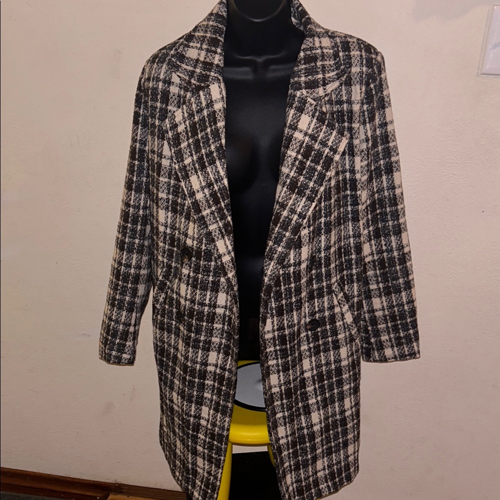 Plaid Longline Women’s Coat in Black & Cream